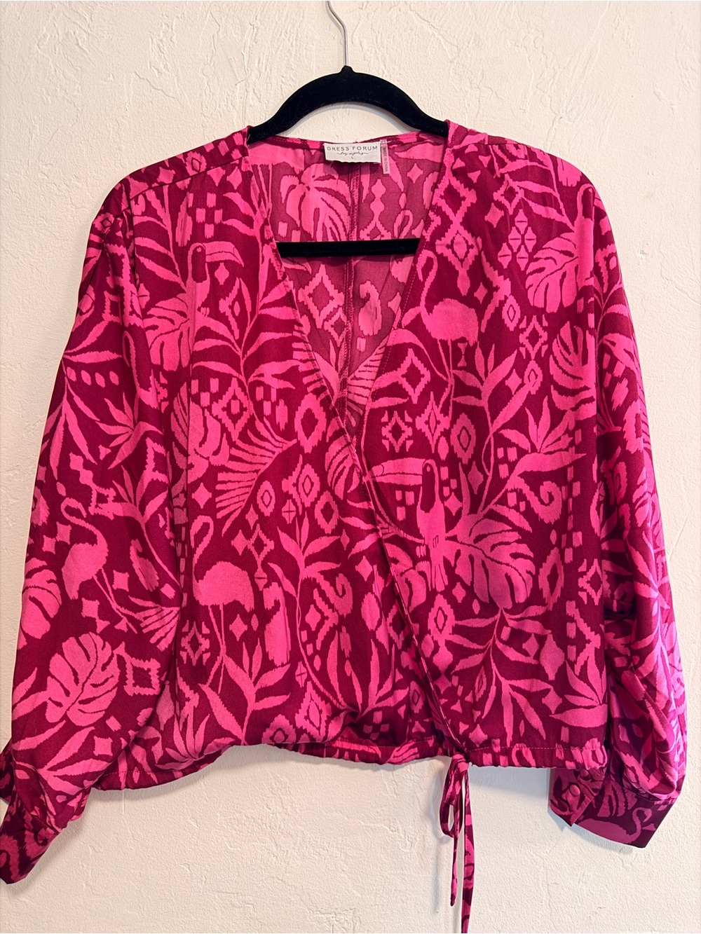 Womens Pink Patterned Faux Wrap Top